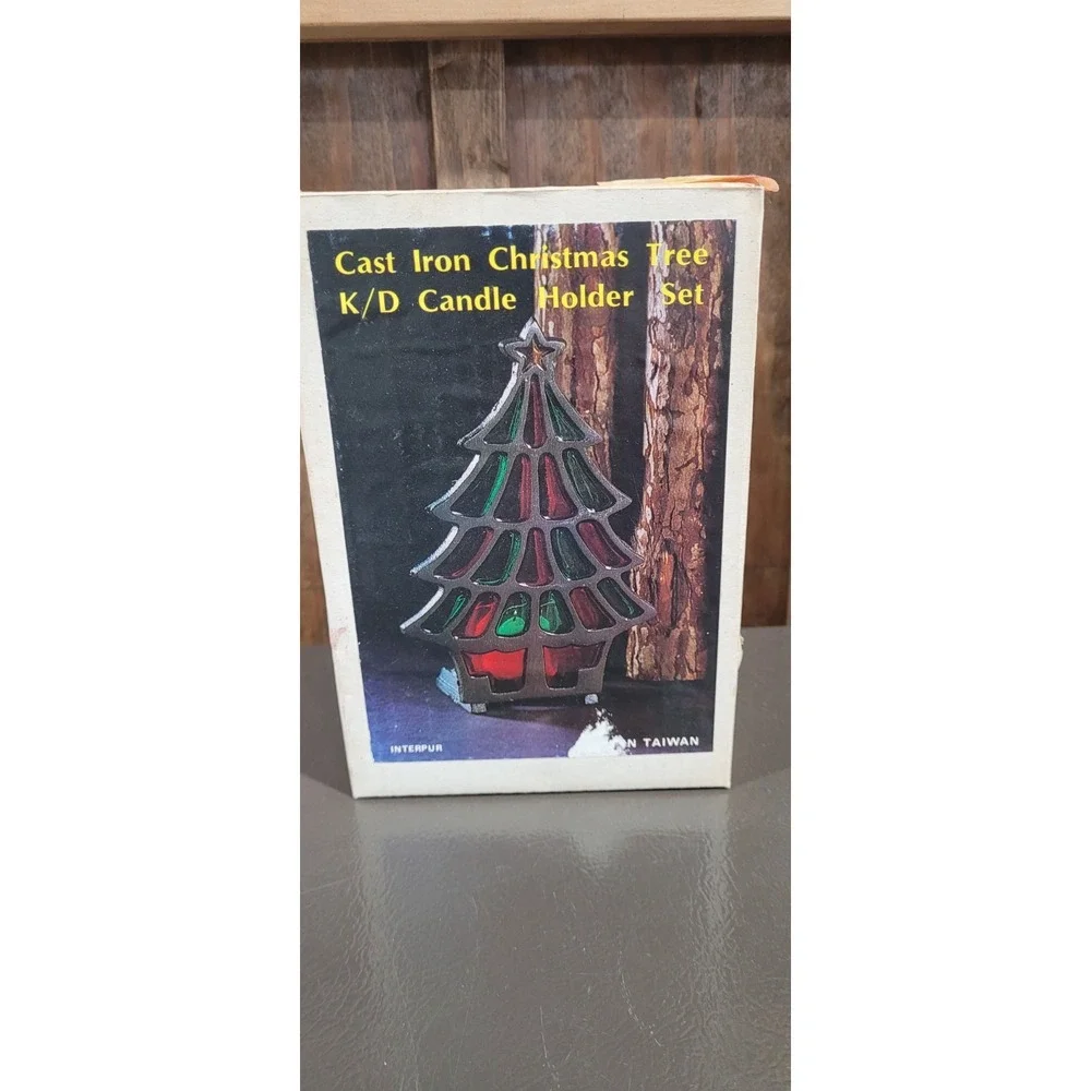 Vintage Interpur Cast Iron Stained Glass Christmas Tree Candle Holder 7.75